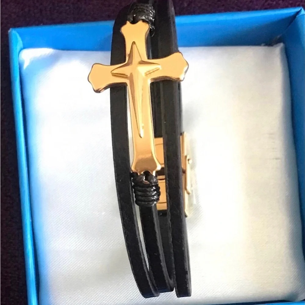 Gold Cross Black Leather Bracelet